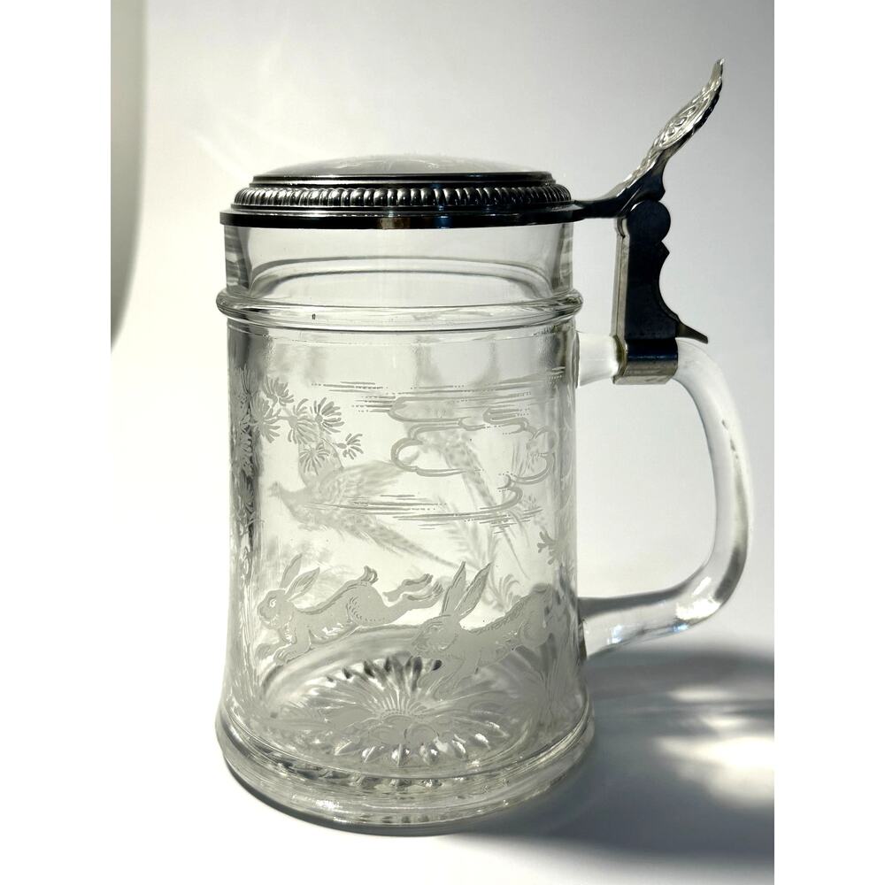 Vintage W Germany Etched Glass Beer Stein w/ Pewter Lid Hunting Scene